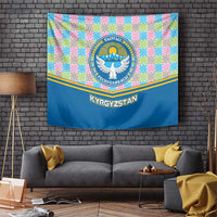 Kyrgyzstan Colorful Patchwork Pattern Tapestry with National Crest and Flag Accents