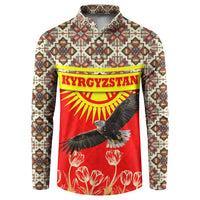 Multicolor button-front sweatshirt with Kyrgyzstan text and eagle graphic on red ethnic print