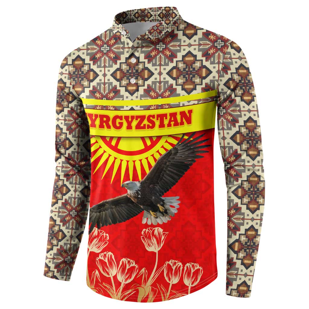 Front-view multicolor button-front sweatshirt with Kyrgyzstan text and eagle graphic on red print