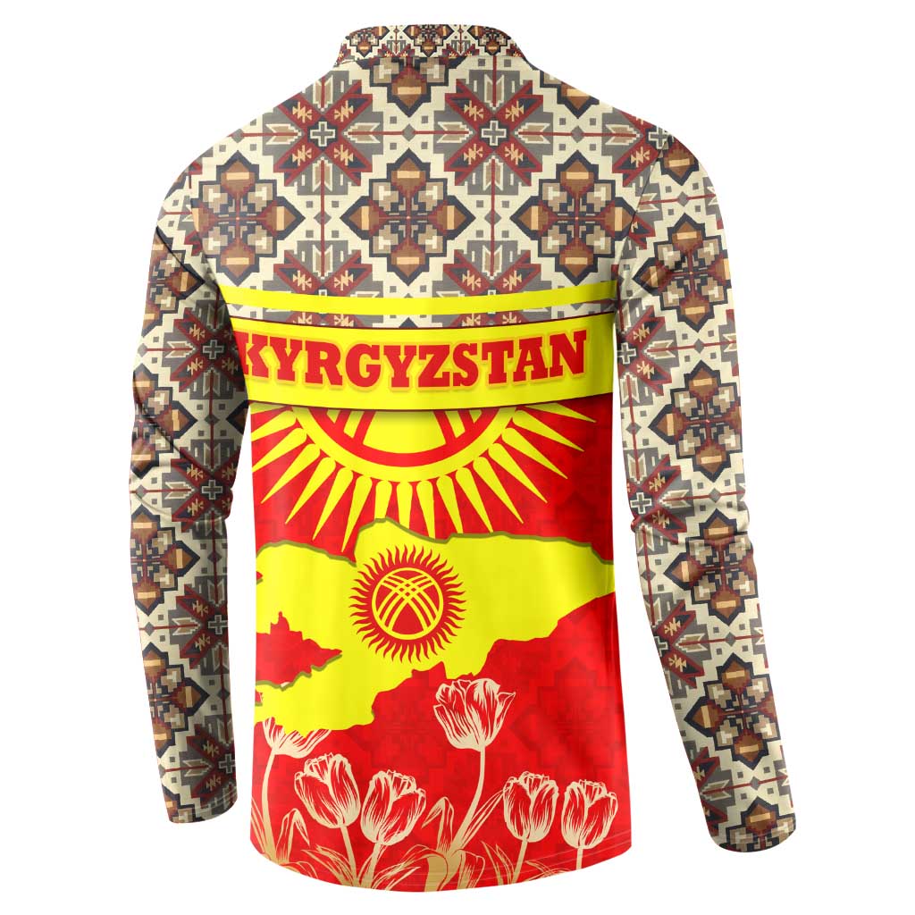 Back-view multicolor button-front sweatshirt with Kyrgyzstan emblem sun on red ethnic print