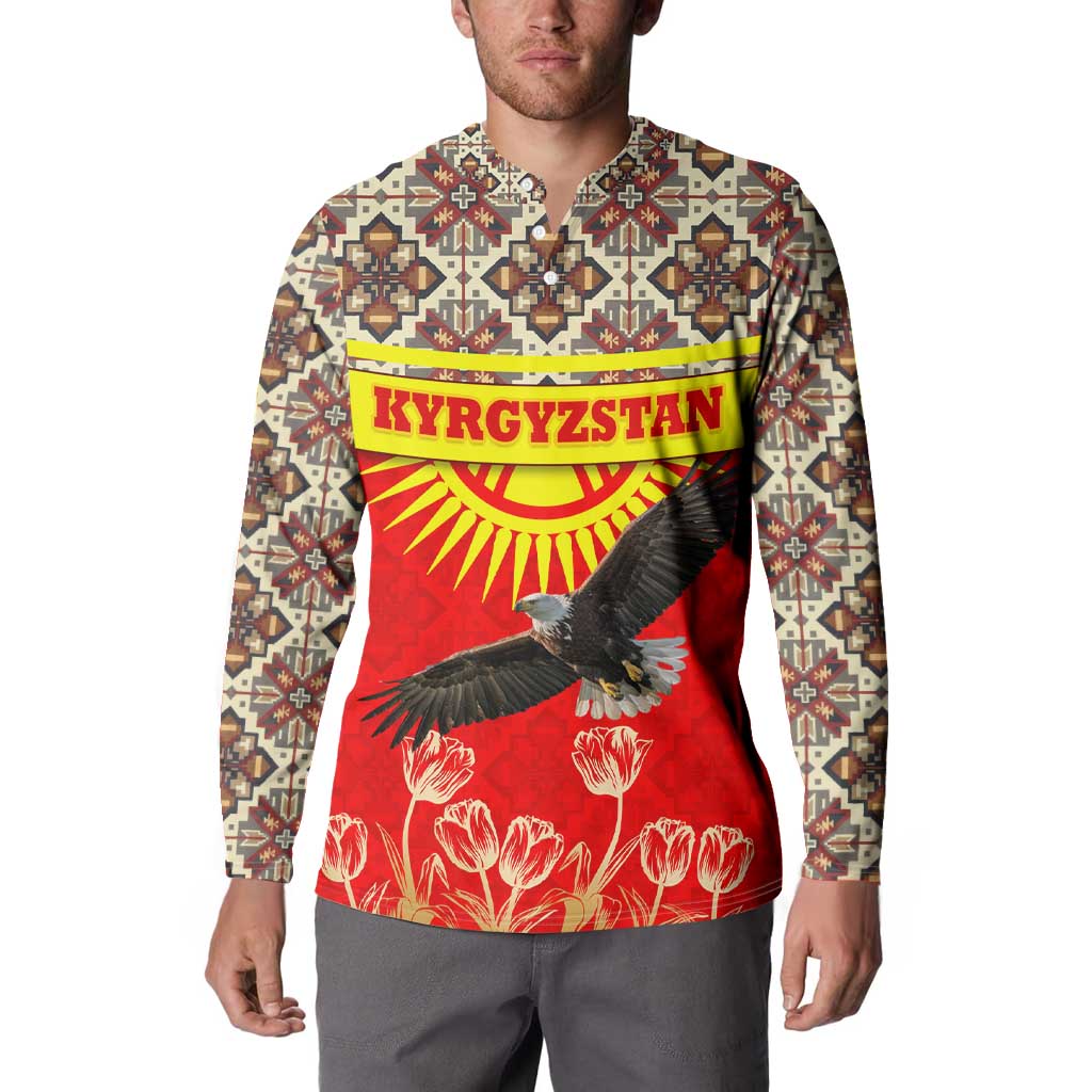 Multicolor button-front sweatshirt with Kyrgyzstan text, eagle graphic, and red floral print