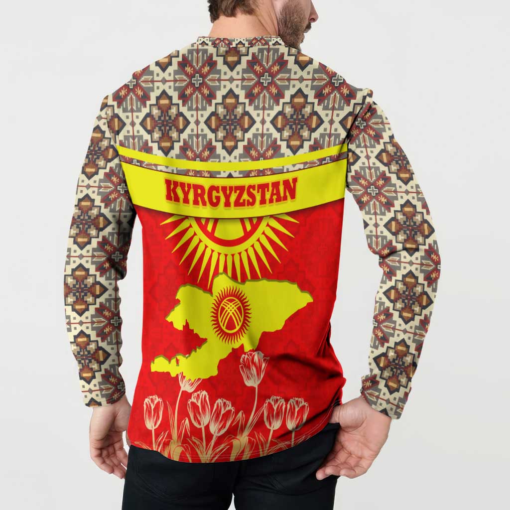 Back multicolor button-front sweatshirt with Kyrgyzstan sun emblem and red tulip floral print