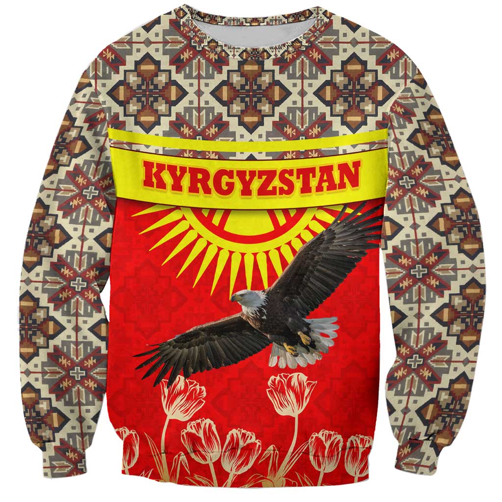 Kyrgyzstan Eagle and Tulip Sweatshirt with Red Ethnic Pattern with National Sun Emblem - Wonder Print Shop