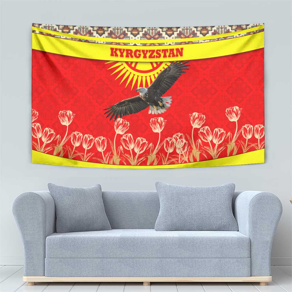 Kyrgyzstan Eagle and Tulip Tapestry with Red Ethnic Pattern with National Sun Emblem - Wonder Print Shop