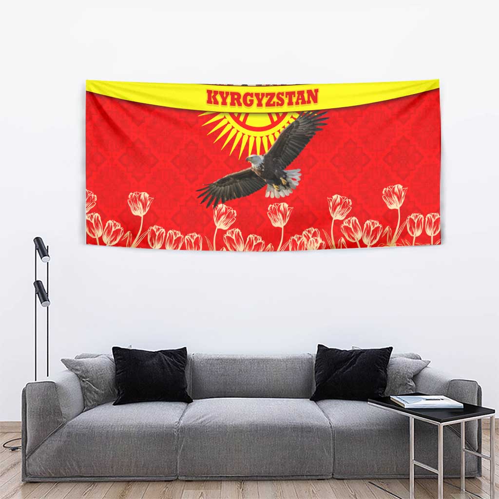 Kyrgyzstan Eagle and Tulip Tapestry with Red Ethnic Pattern with National Sun Emblem - Wonder Print Shop