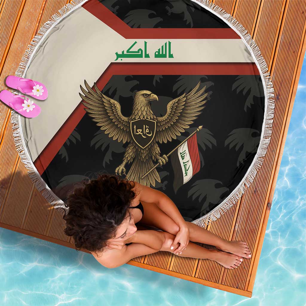 Iraq Golden Eagle Emblem Beach Blanket with Flag Stripes and National Arabic Script Design - Wonder Print Shop