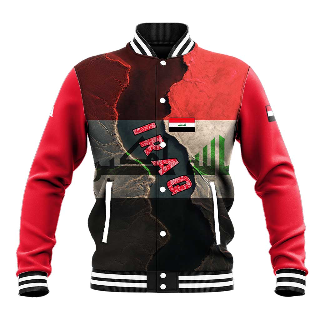 Iraq Flag Texture Baseball Jacket with Golden Eagle Emblem and Cracked Earth Background Design - Wonder Print Shop