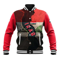 Iraq Flag Texture Baseball Jacket with Golden Eagle Emblem and Cracked Earth Background Design - Wonder Print Shop