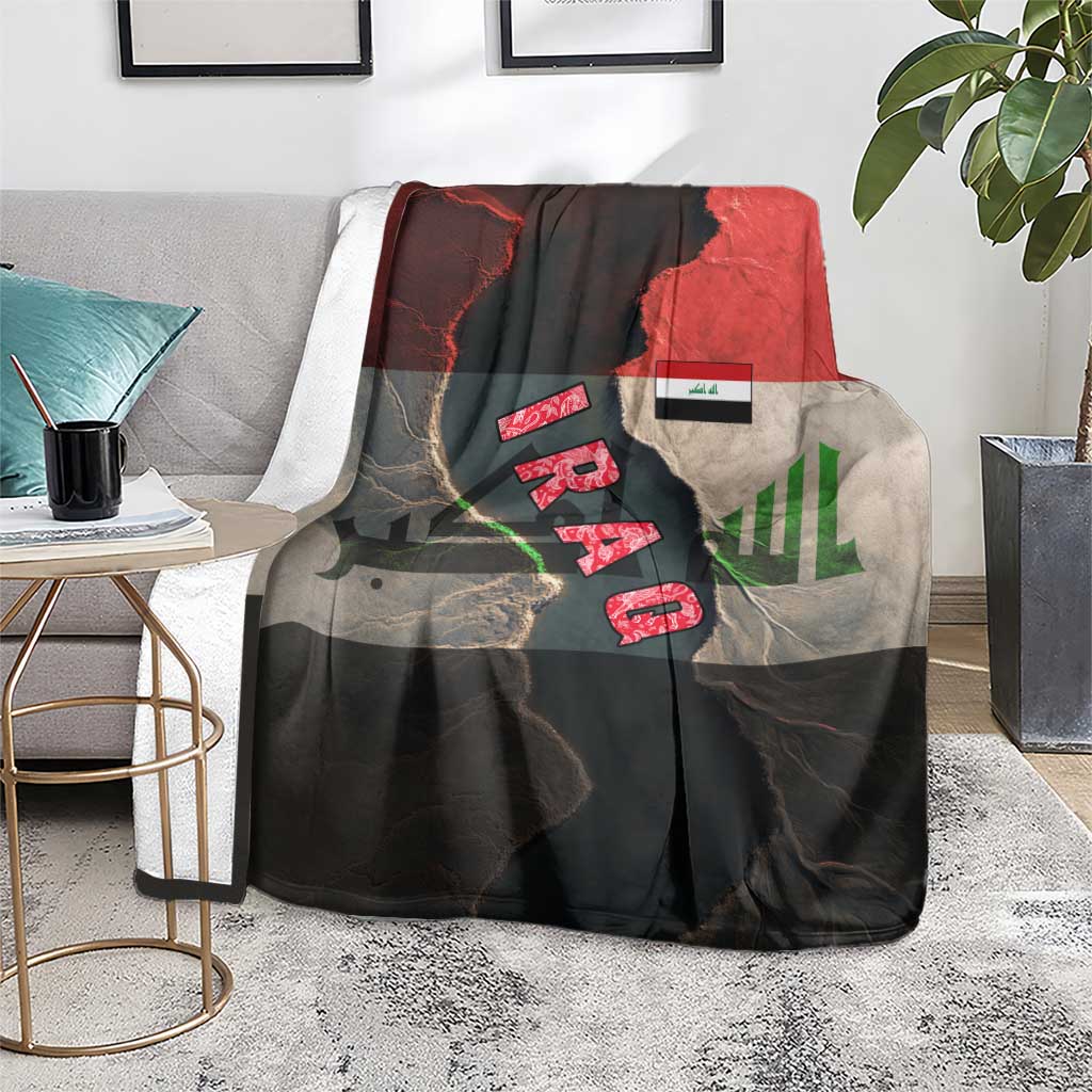 Iraq Flag Texture Blanket with Golden Eagle Emblem and Cracked Earth Background Design - Wonder Print Shop