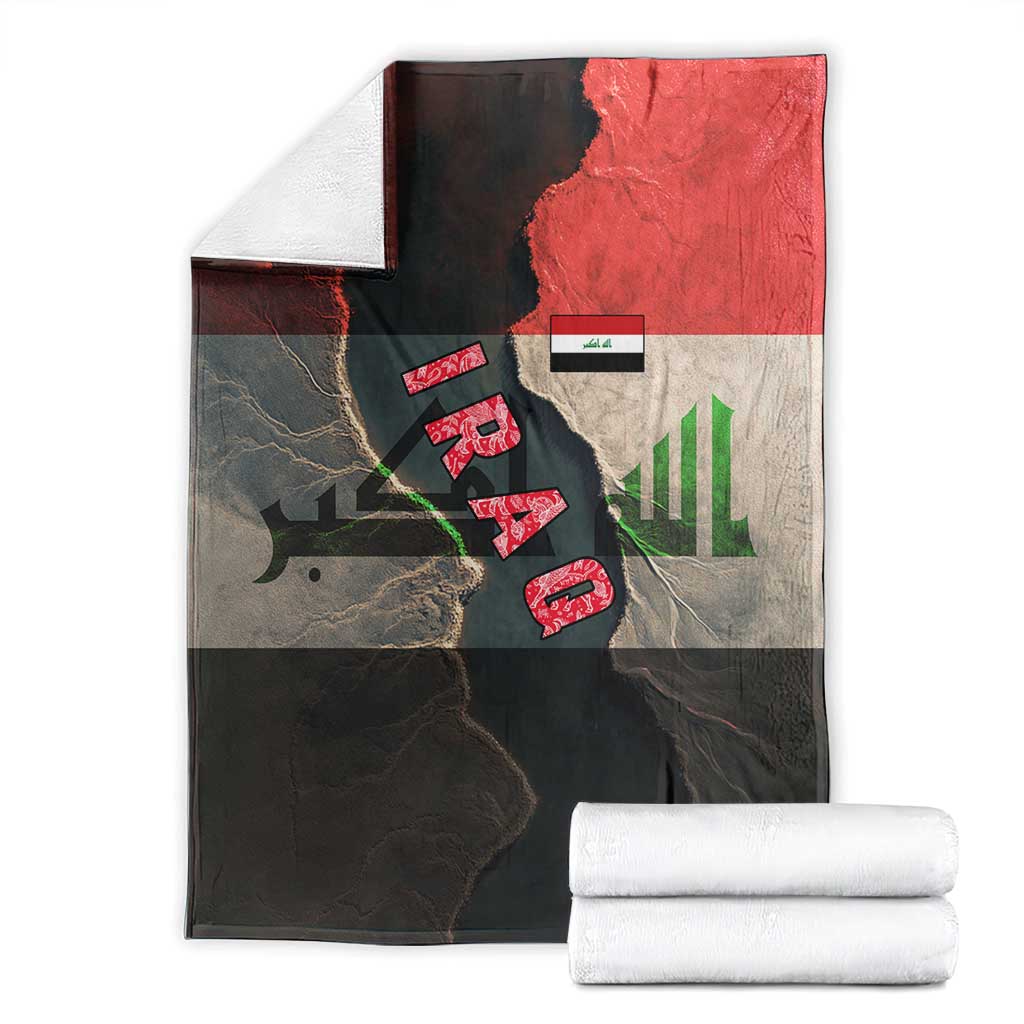 Iraq Flag Texture Blanket with Golden Eagle Emblem and Cracked Earth Background Design - Wonder Print Shop