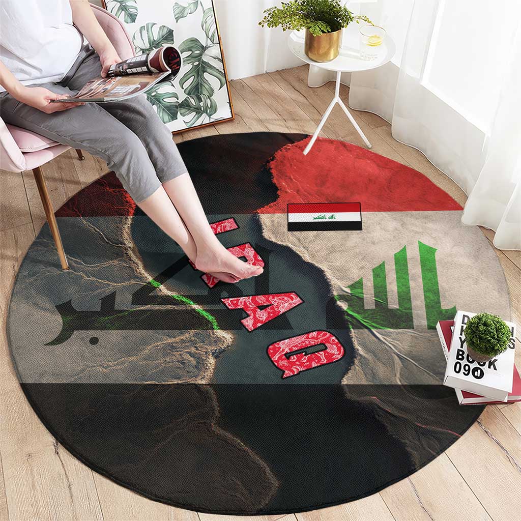 Iraq Flag Texture Round Carpet with Golden Eagle Emblem and Cracked Earth Background Design - Wonder Print Shop