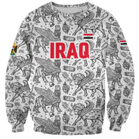 Unisex crewneck sweatshirt, light gray with black myth doodle print and red IRAQ logo