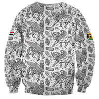 Unisex crewneck sweatshirt, light gray with dense black line art of mythical figures