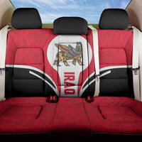 Red car seat cover set with black trim and white center panel featuring Iraq motif