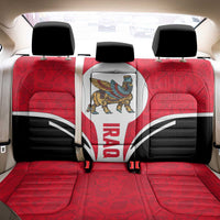 Red car seat cover set with black headrests and white panel showing Iraq crest
