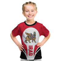 Kids red T-shirt with black collar and circular winged creature and IRAQ graphic