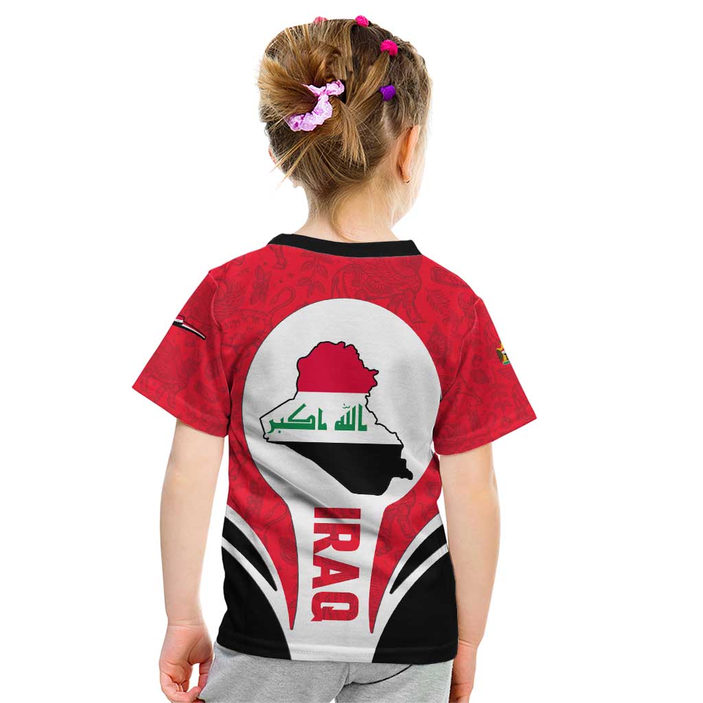 Kids red T-shirt back with oval map silhouette, Arabic text, and IRAQ word