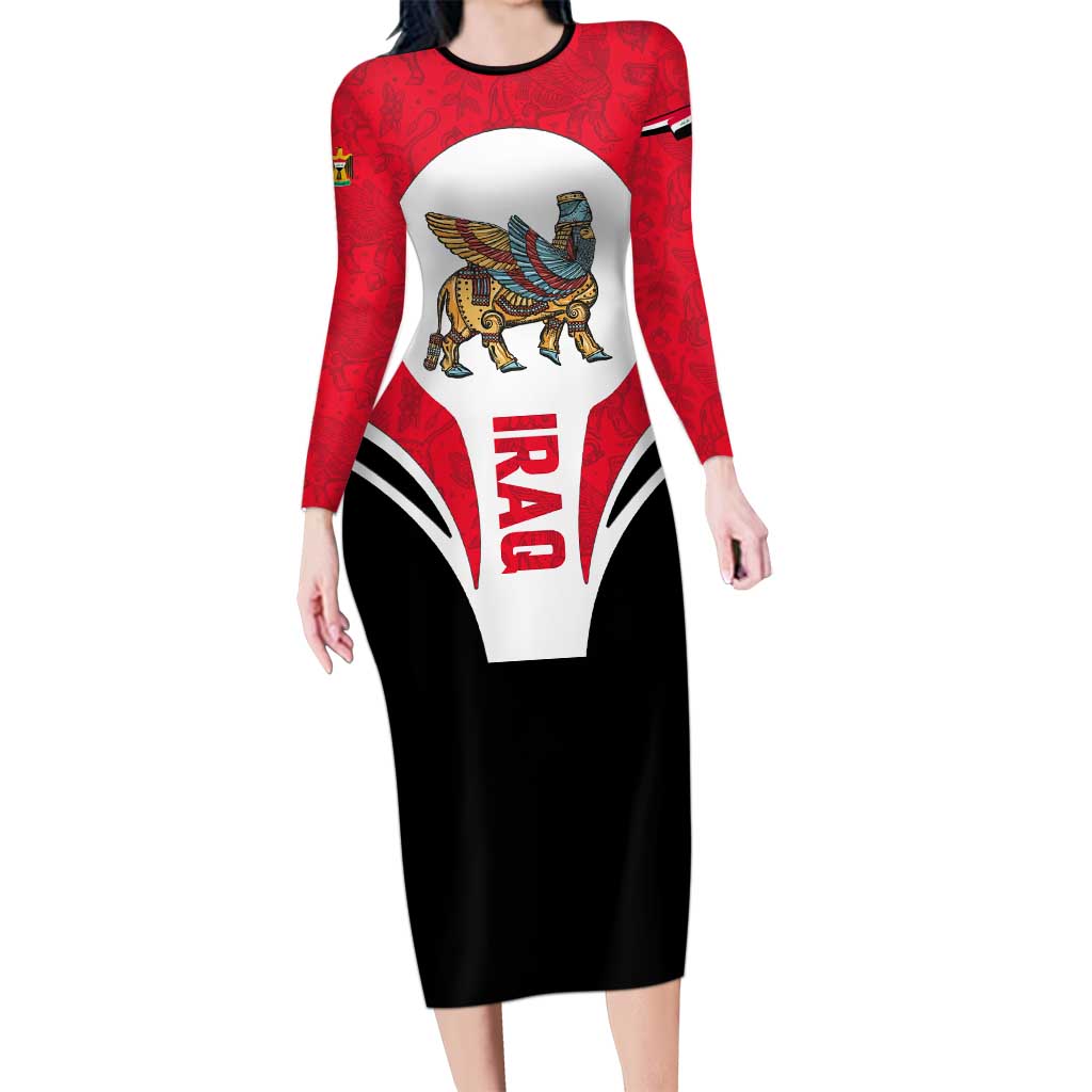 Iraq Long Sleeve Bodycon Dress with Lamassu Mythical Creature and National Map Design - Wonder Print Shop