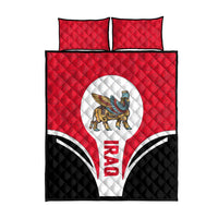 Red quilt bed set with winged creature emblem, Iraq text, and black diamond quilt pattern