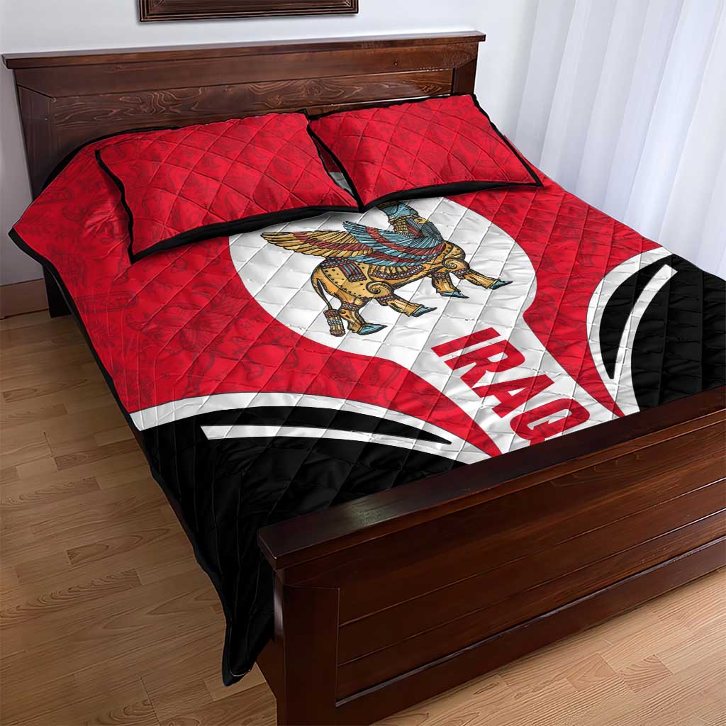Red quilt bed set with winged creature emblem, white center panel, and black outer quilt