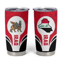 Red Iraq tumbler with Lamassu creature graphic, Iraq map emblem, and black wave design