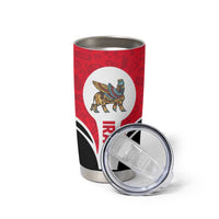 Red Iraq tumbler with Lamassu creature emblem and hinged clear lid on stainless base