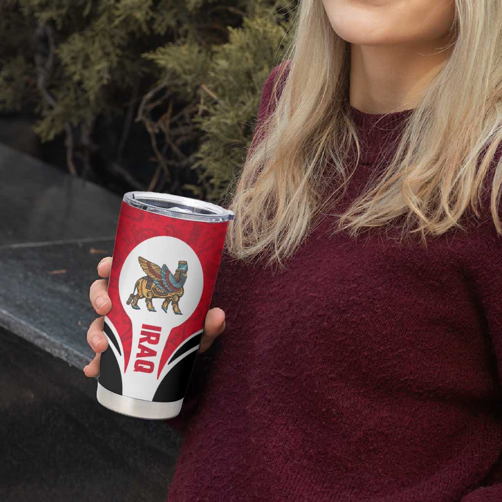 Red Iraq tumbler cup with Lamassu creature graphic, IRAQ text, and black curved panel