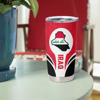 Red Iraq tumbler with Iraq map emblem, Arabic text accent, and black wave pattern