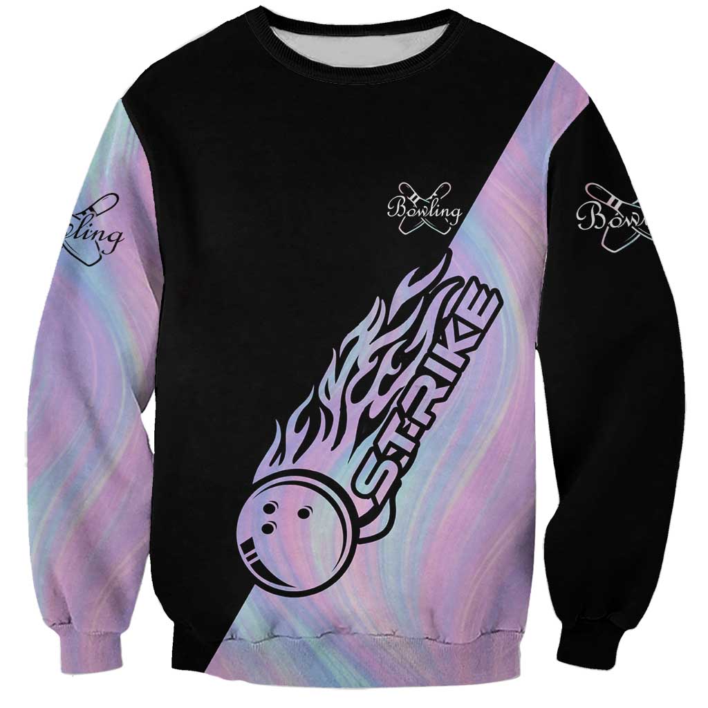 Unisex black crewneck sweatshirt with pastel gradient sleeves and bowling strike graphic