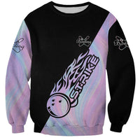 Unisex black crewneck sweatshirt with pastel gradient sleeves and bowling strike graphic