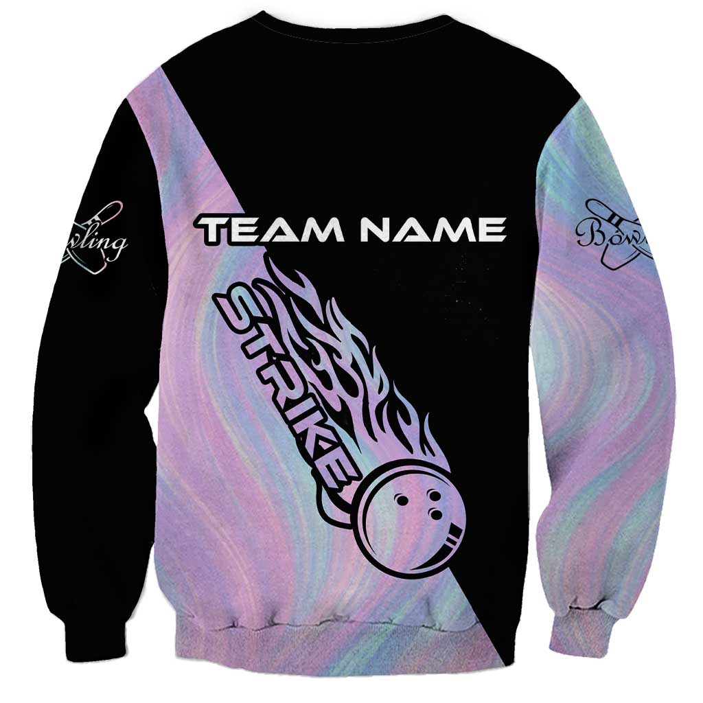 Unisex crewneck sweatshirt with back team name, pastel gradient sleeves, bowling strike art