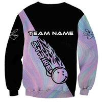 Unisex crewneck sweatshirt with back team name, pastel gradient sleeves, bowling strike art