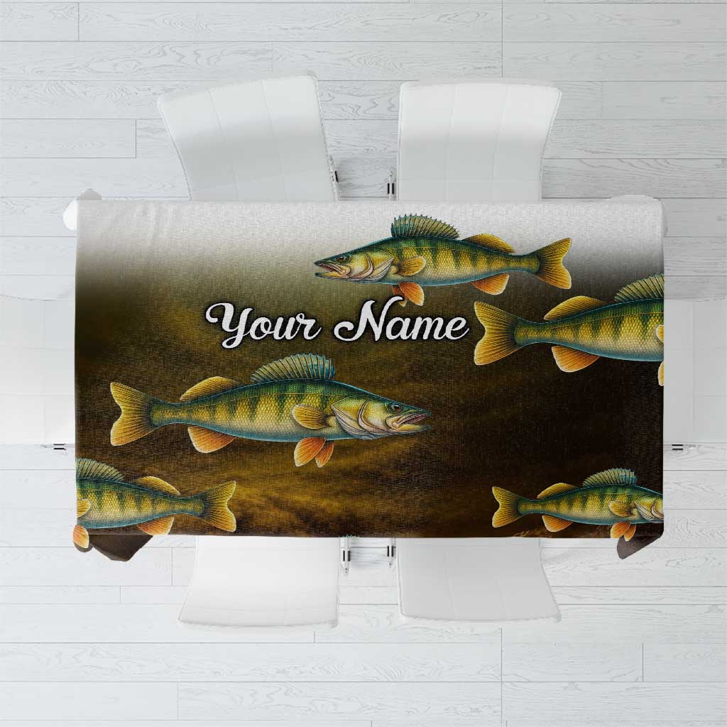 Custom fish-themed tablecloth with “Your Name” text and walleye illustration, dark gradient.