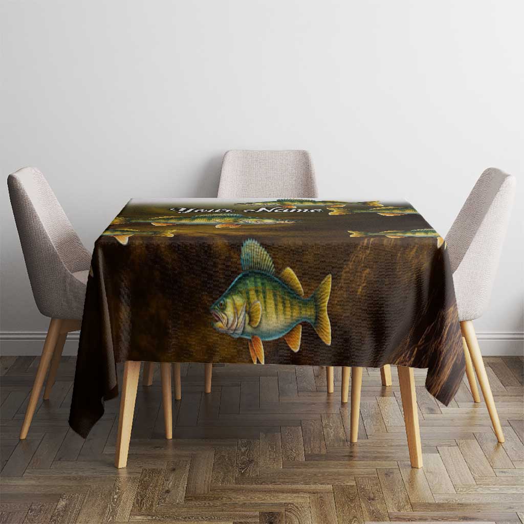 Square dining tablecloth featuring a central walleye fish illustration on a dark gradient.