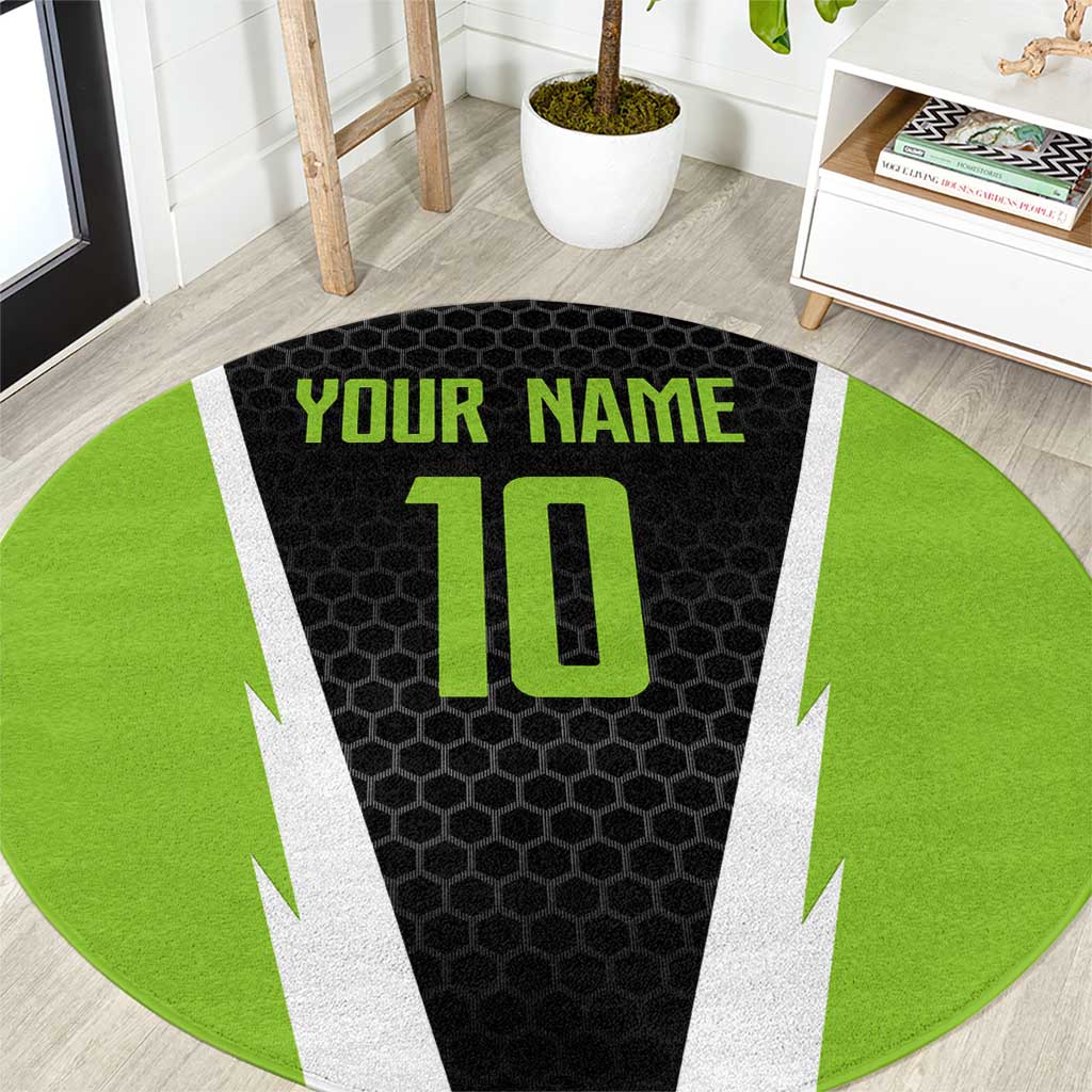 Round personalized bass fishing carpet with green black honeycomb and jumping fish graphic