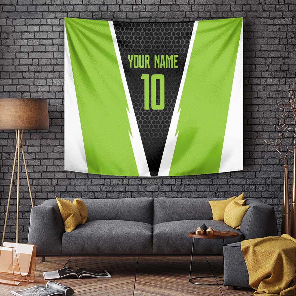 Personalized custom tapestry with green V graphic, black honeycomb center, 'YOUR NAME' and '10'
