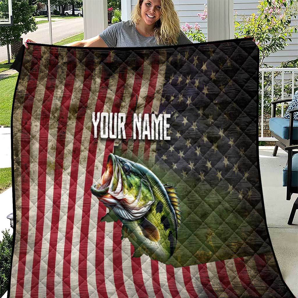 American flag largemouth bass fishing quilt with 'YOUR NAME' text and quilted black backing
