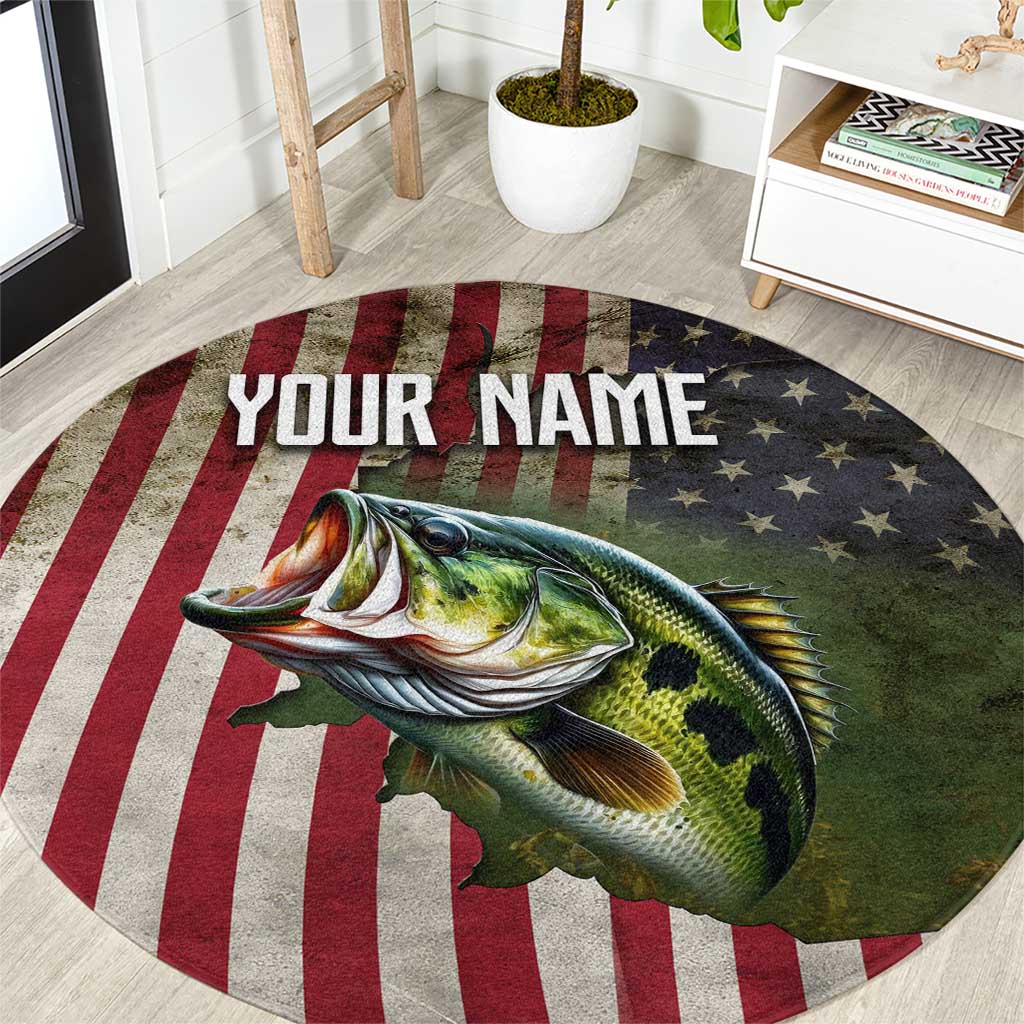 Round rug with American flag stripes, jumping largemouth bass graphic, custom name text