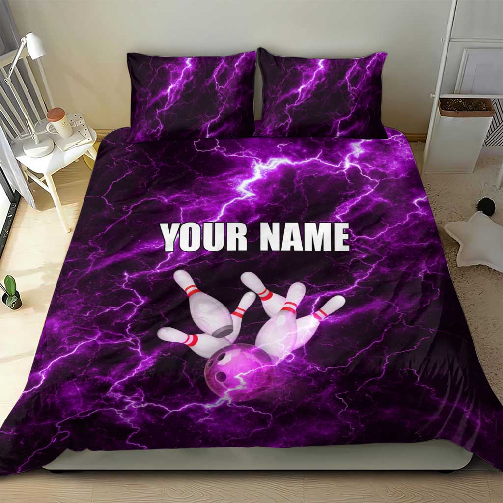 Bowling Ball and Pins Bedding Set Purple Lightning Background and Custom Name Design - Wonder Print Shop