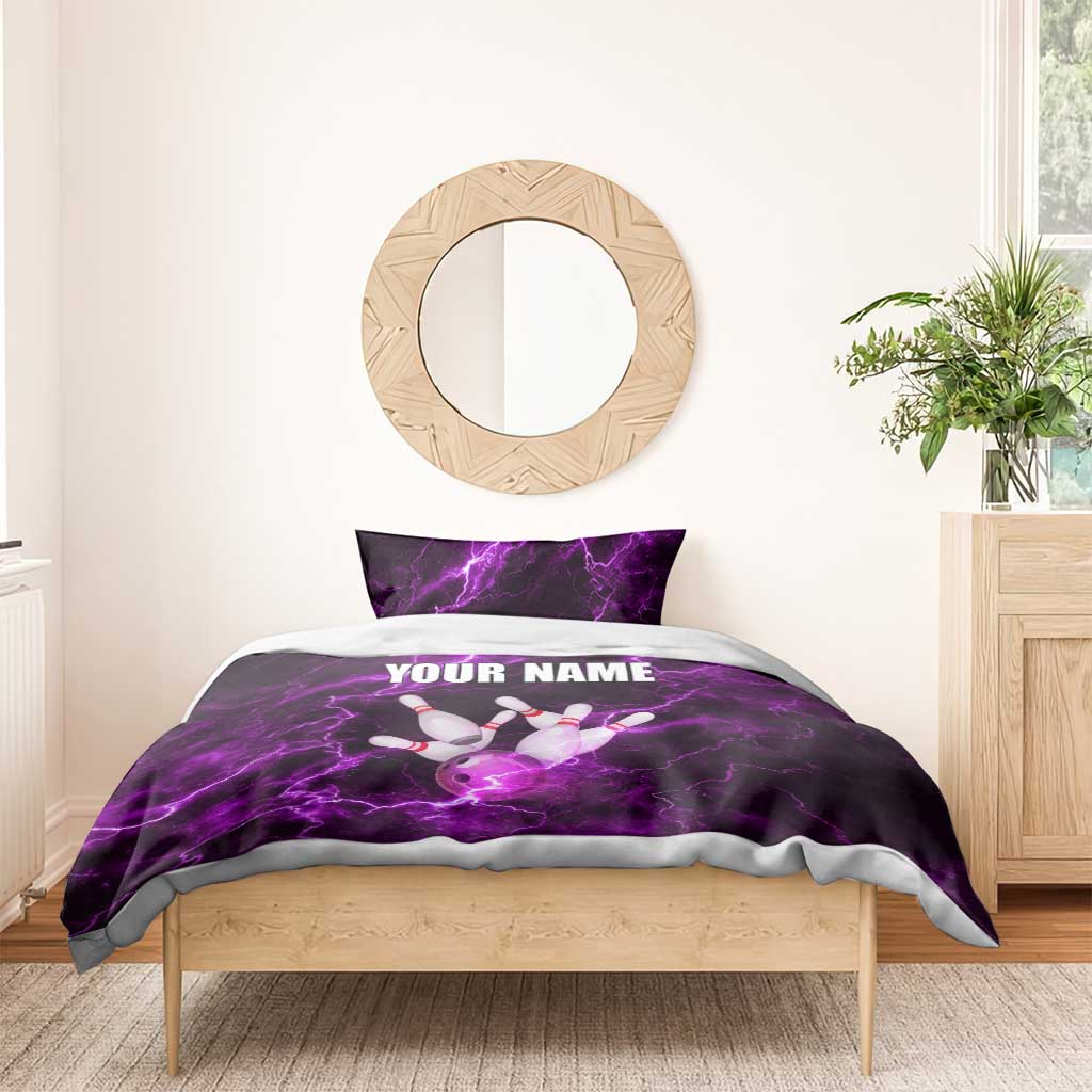 Bowling Ball and Pins Bedding Set Purple Lightning Background and Custom Name Design - Wonder Print Shop
