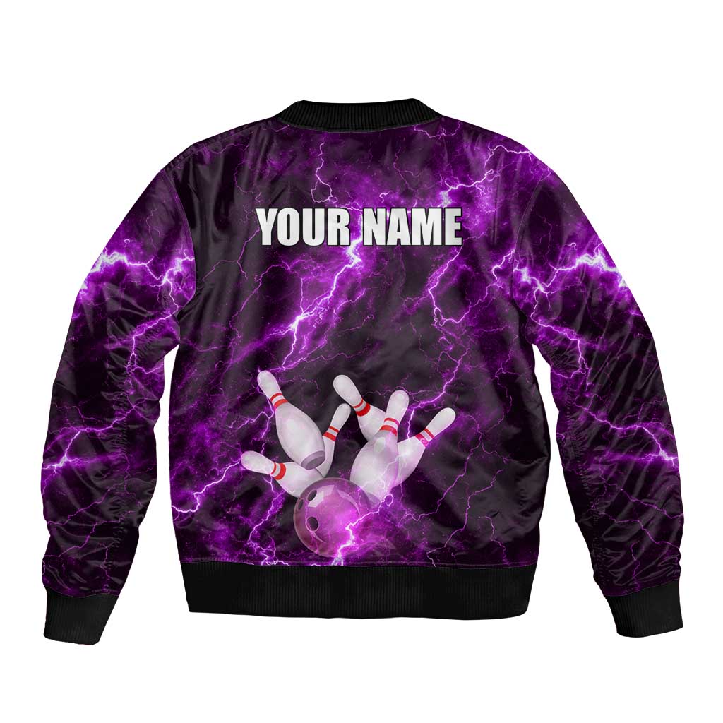 Bowling Ball and Pins Bomber Jacket Purple Lightning Background and Custom Name Design - Wonder Print Shop