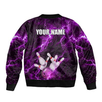 Bowling Ball and Pins Bomber Jacket Purple Lightning Background and Custom Name Design - Wonder Print Shop