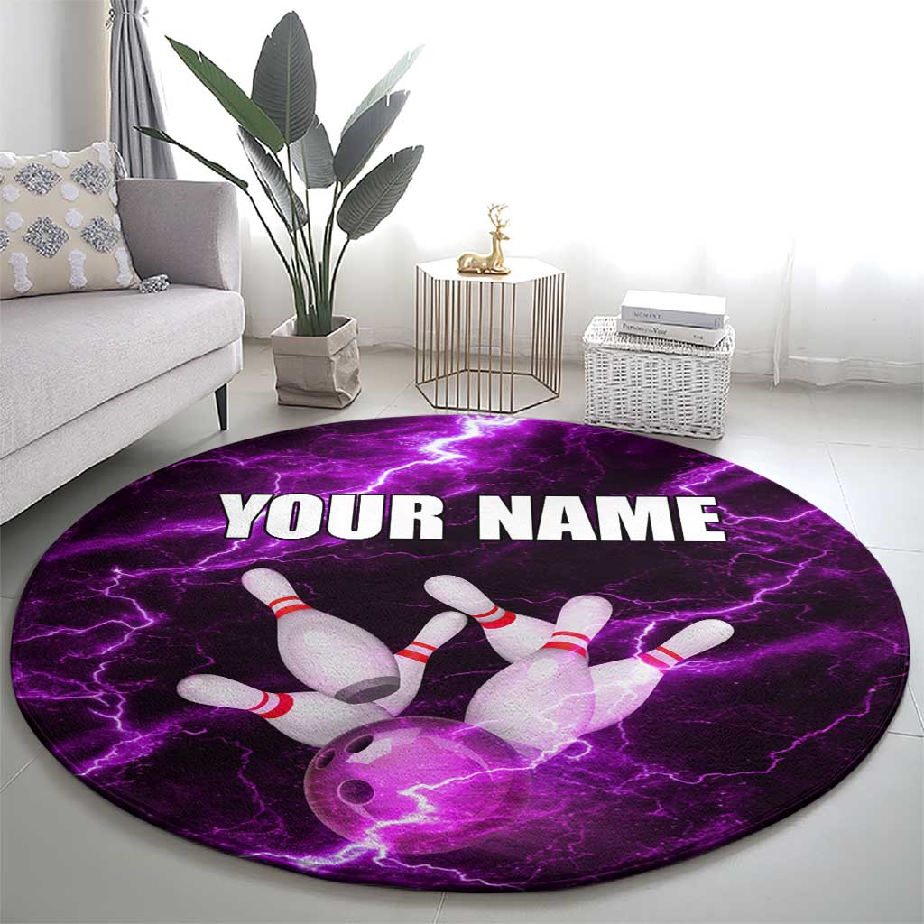 Bowling Ball and Pins Round Carpet Purple Lightning Background and Custom Name Design - Wonder Print Shop