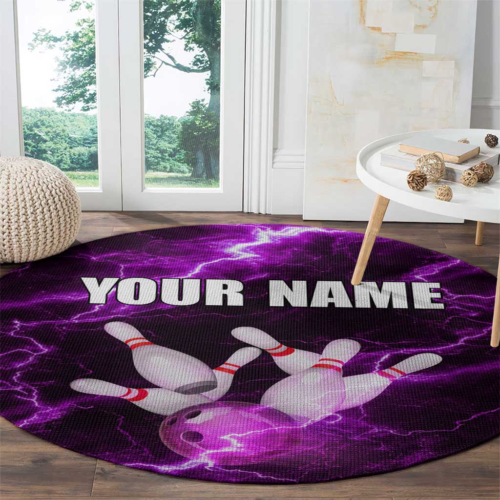 Bowling Ball and Pins Round Carpet Purple Lightning Background and Custom Name Design - Wonder Print Shop