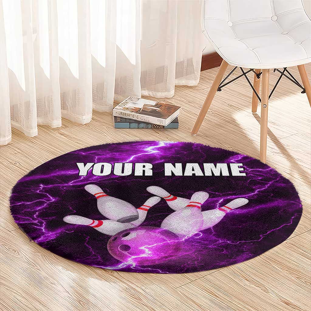 Bowling Ball and Pins Round Carpet Purple Lightning Background and Custom Name Design - Wonder Print Shop