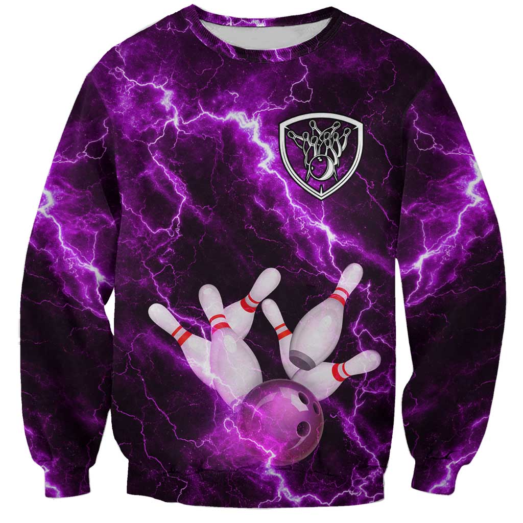 Bowling Ball and Pins Sweatshirt Purple Lightning Background and Custom Name Design - Wonder Print Shop