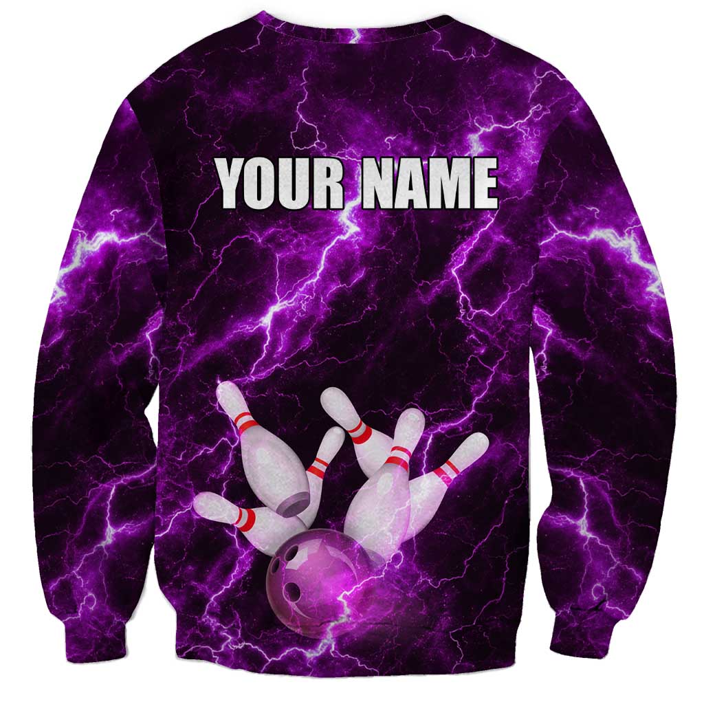 Bowling Ball and Pins Sweatshirt Purple Lightning Background and Custom Name Design - Wonder Print Shop