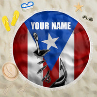 Round beach blanket with Puerto Rico flag, fish hook graphics, “YOUR NAME” text, fringe edge