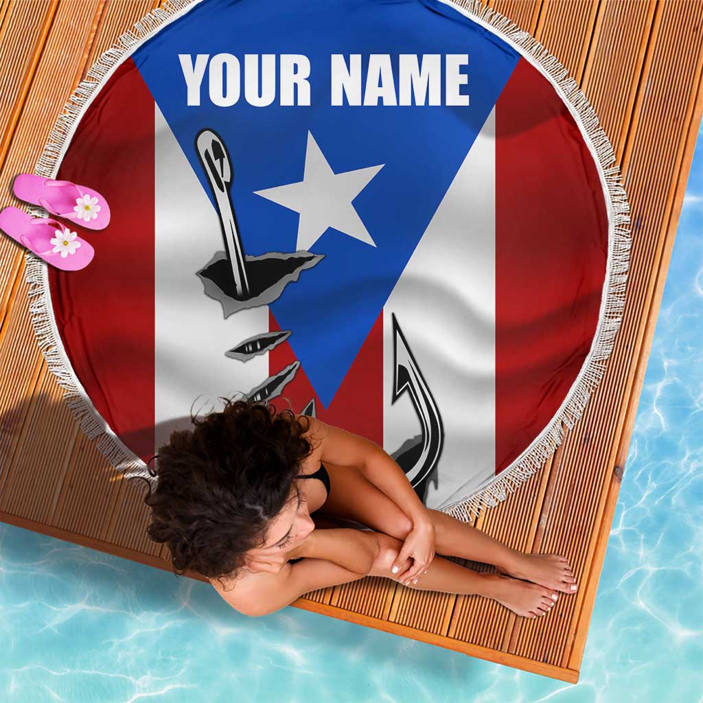 Round beach blanket showing Puerto Rico flag with fish hook icons and “YOUR NAME” text, fringe