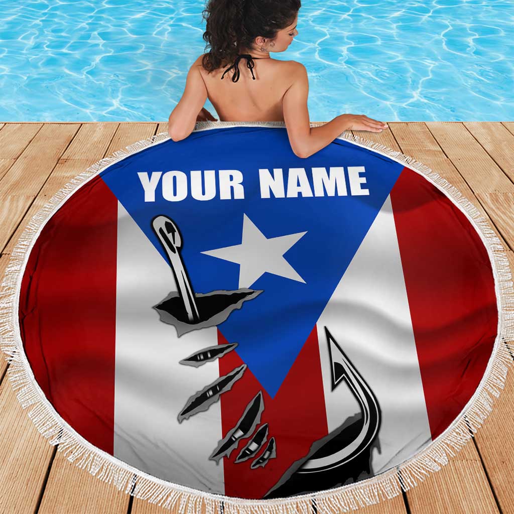 Round Puerto Rico flag beach blanket with fish hook design and “YOUR NAME” lettering, fringe